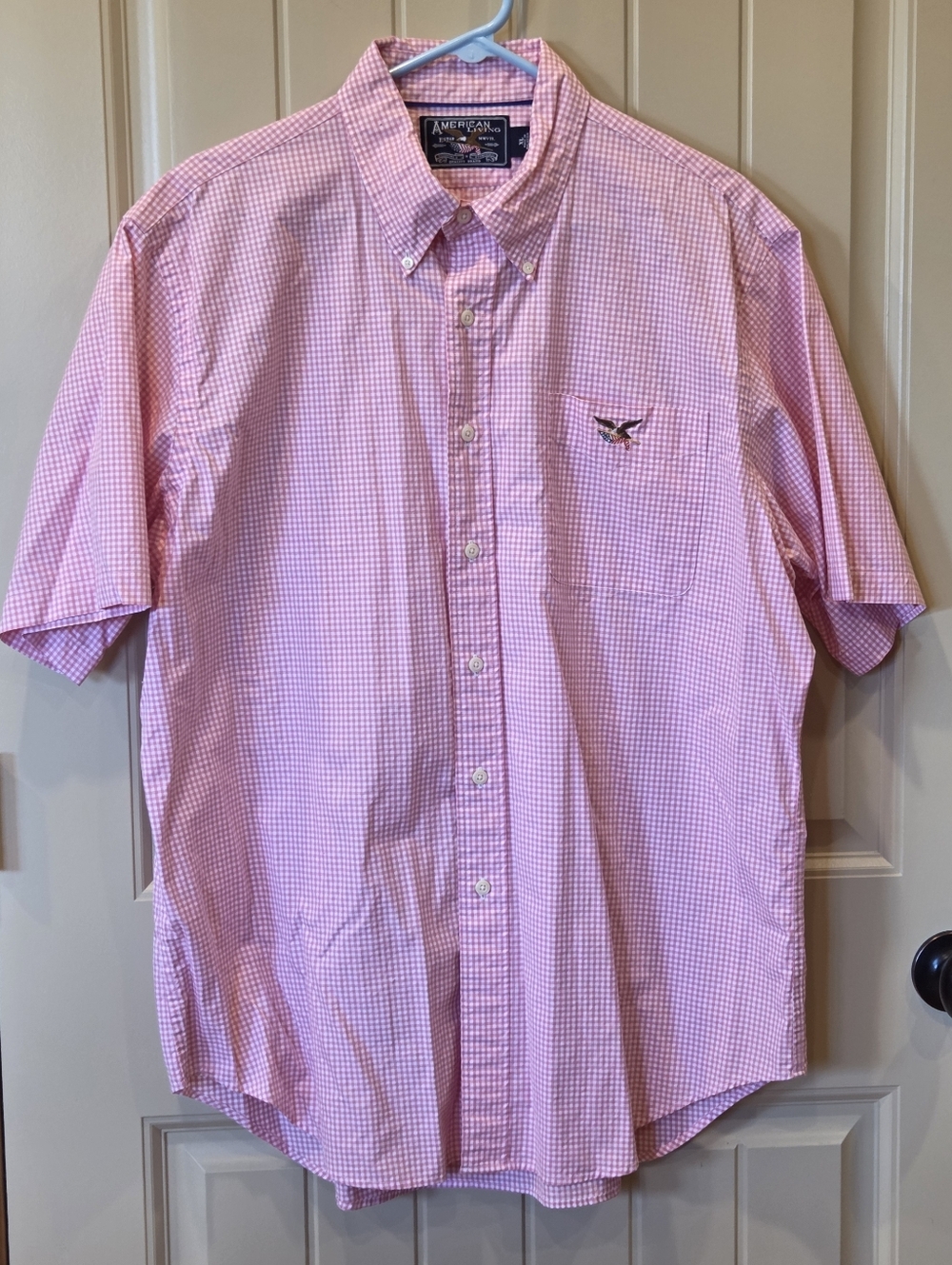 American Living Men’s XL Pink Gingham Short Sleeve Button Down Eagle Logo Shirt